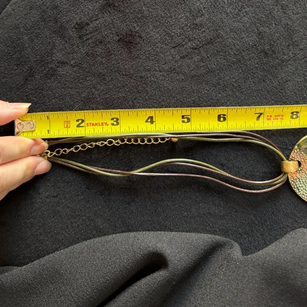 Medallion Gold Tone Olive Burgundy Pendant Enamel Leather Cord + Stud Earrings - Picture 12 of 12